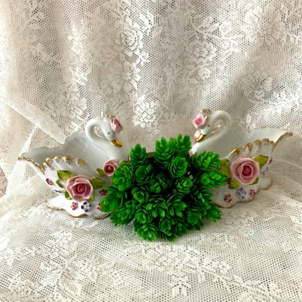 A Matching Pair of Vintage Japan Ornate Gilt Swan Pink Roses Floral Trinket Dish
